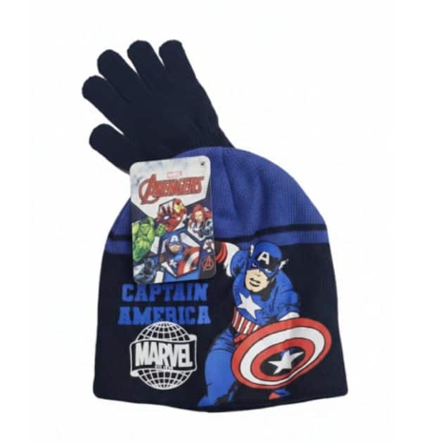 Gorro infantil de Marvel con temática de Capitán América y guantes negros.