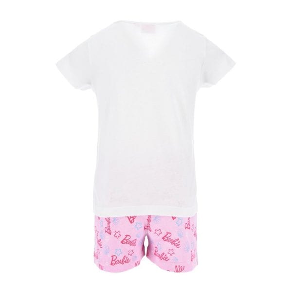 Conjunto de pijama de Barbie con camiseta blanca y pantalones rosas con logotipo.