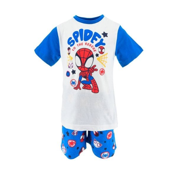 Conjunto de ropa infantil de Spider-Man con camiseta y pantalones en colores azul y blanco.