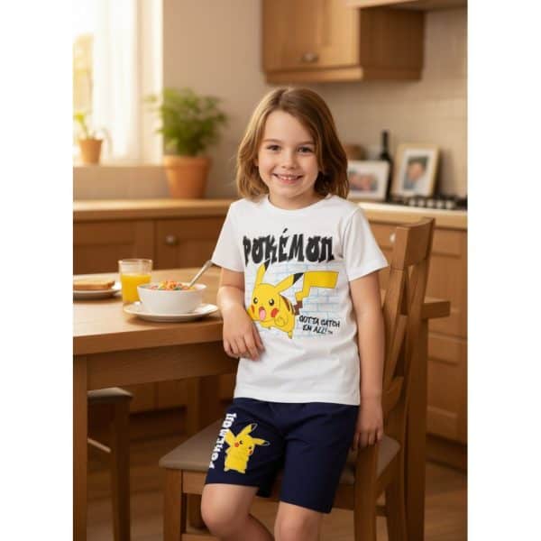 Niña con ropa de Pokémon en cocina, ropa de verano, ropa infantil, ropa cómoda.