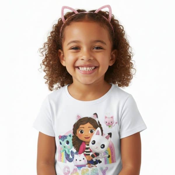 Niña sonriente con camiseta de personajes de dibujos animados y orejas de gato rosas.