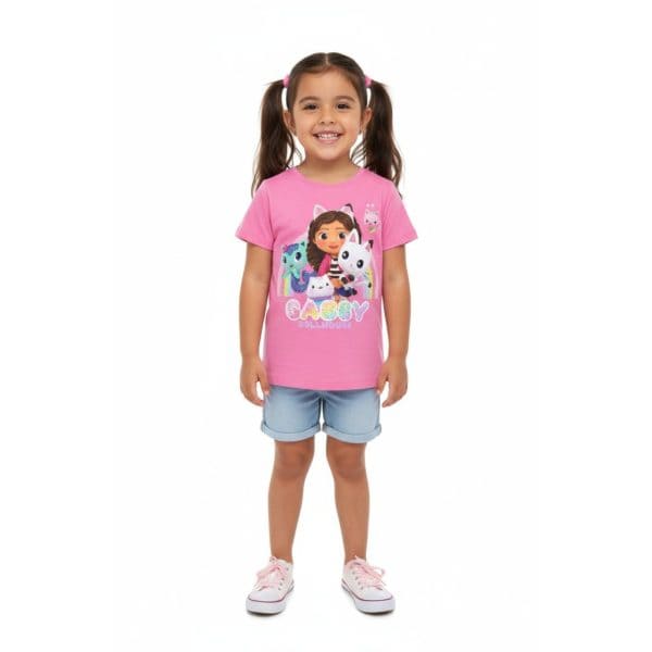 Niña con camiseta rosa y pantalones cortos, sonriendo, en fondo blanco.
