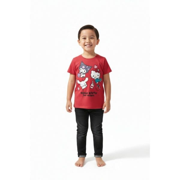 Niño con camiseta roja de Hello Kitty y pantalones negros en fondo blanco.