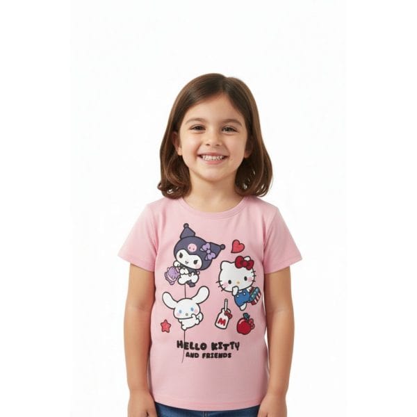 Niña sonriendo con camiseta rosa de Hello Kitty y amigos, ropa infantil divertida.