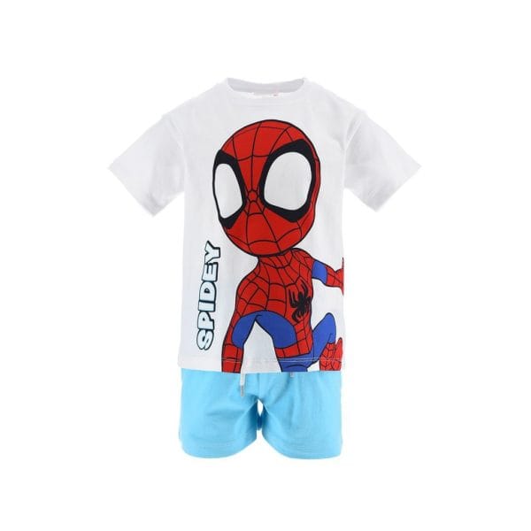 Conjunto de ropa infantil de Spider-Man con camiseta y pantalones cortos en colores vivos.