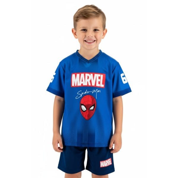 Niño con camiseta y pantalones Marvel Spider-Man en color azul.