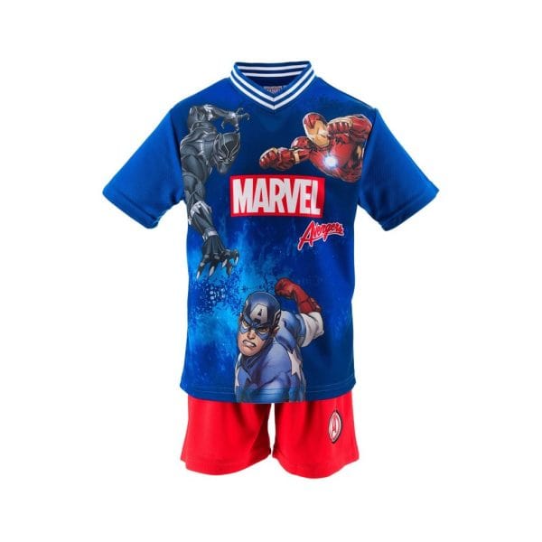 Conjunto infantil de Marvel con camiseta y pantalones cortos en colores vivos.