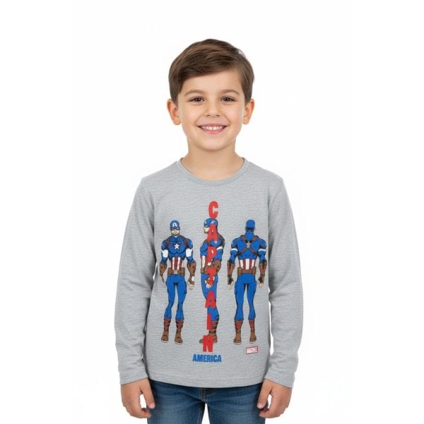 Niño con sudadera de Capitán América en estilo infantil y divertido.