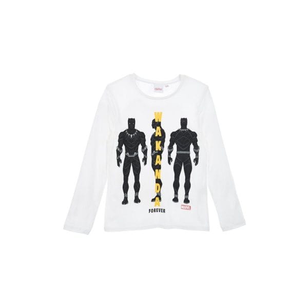 Camiseta blanca con diseño de Black Panther y texto Wakanda Forever.