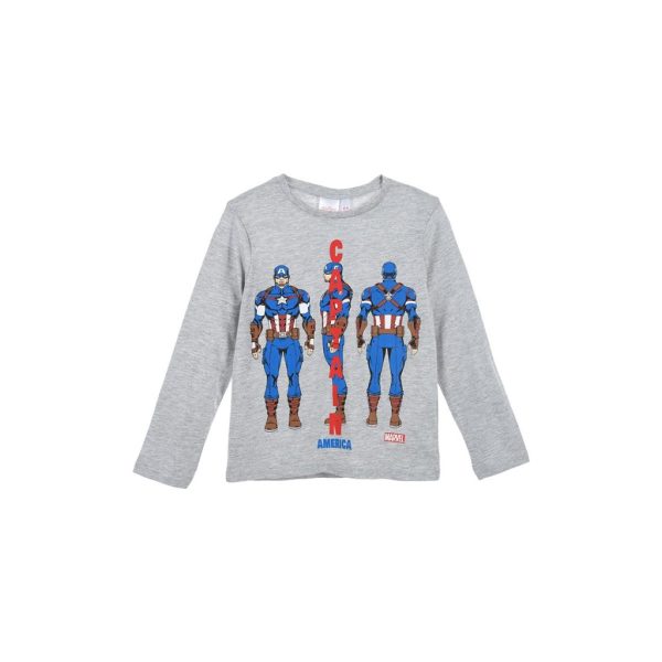 Camiseta infantil de Capitán América en gris con diseño de superhéroe.