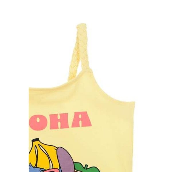Bolso de tela amarillo con diseño de fruta y la palabra 'OHA' en rosa.