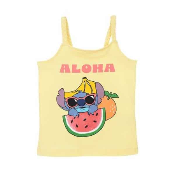Camiseta infantil con diseño de elefante, frutas y la palabra Aloha en color rosa.
