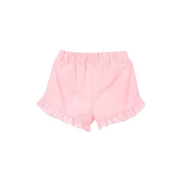 Pantalones cortos rosas para niñas con dobladillo de volantes.