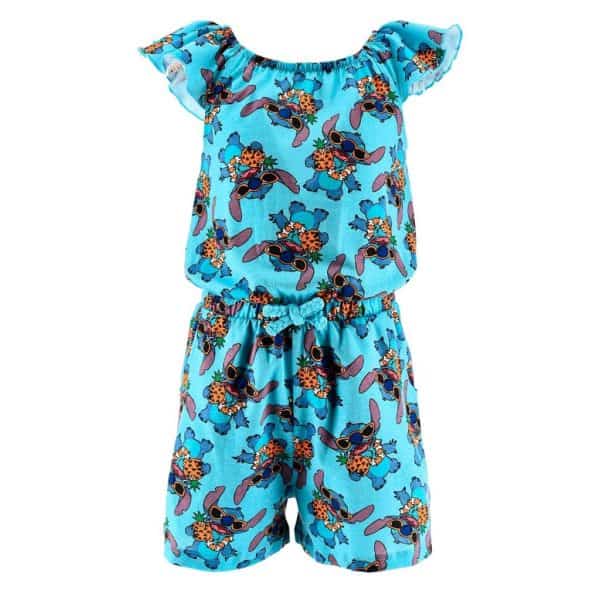Conjunto de ropa infantil con estampado de gatos y flores en azul.