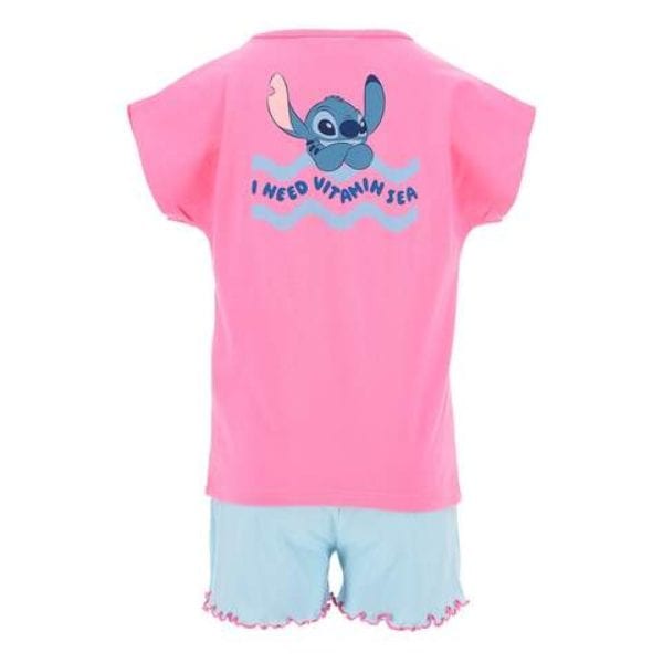 Conjunto de ropa infantil rosa y azul con diseño de Stitch y texto.