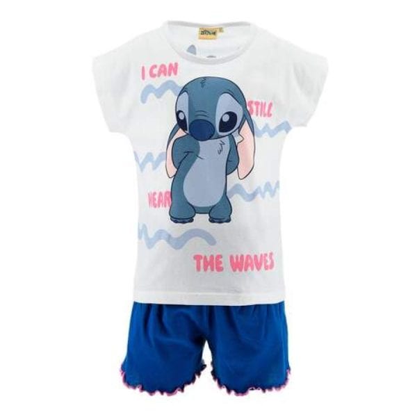 Conjunto infantil de camiseta y pantalones cortos con diseño de Stitch y mensaje motivador.