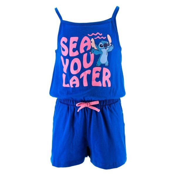 Conjunto de verano para niños con dibujo de Stitch y texto 'Sea You Later' en azul.