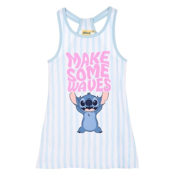 Vestido infantil con diseño de Stitch y texto Make Some Waves en rosa.