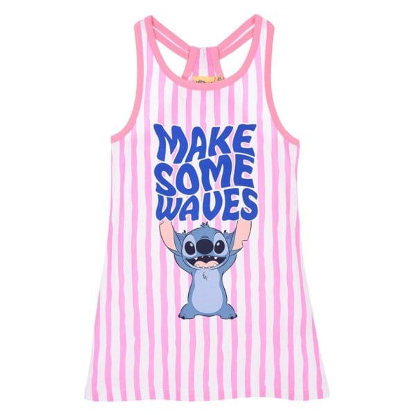 Vestido infantil con rayas rosas y blancas y diseño de Stitch de Lilo y Stitch.