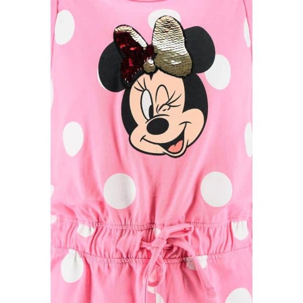 Vestido rosa con lunares blancos y imagen de Minnie Mouse con lazo de purpurina.