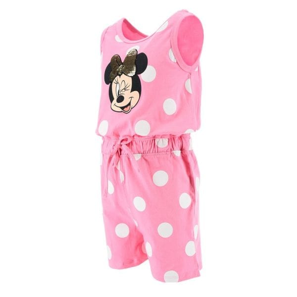 Conjunto infantil rosa con lunares blancos y Minnie Mouse en la camiseta.
