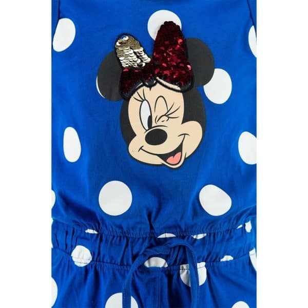 Ropa infantil con diseño de Minnie Mouse y lunares blancos en fondo azul.