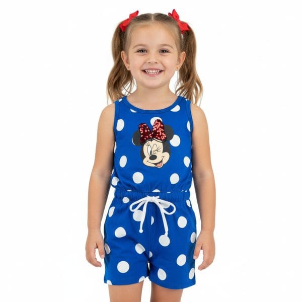 Niña con conjunto de ropa de Minnie Mouse en azul con puntos blancos.