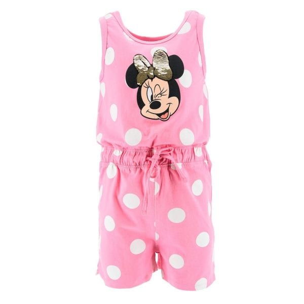 Conjunto infantil rosa con lunares blancos y Minnie Mouse en el top.