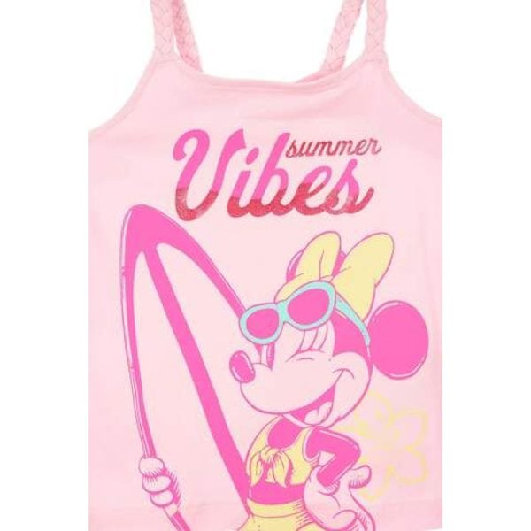 Vestido infantil rosa con dibujo de Minnie Mouse y texto Vibes Summer.