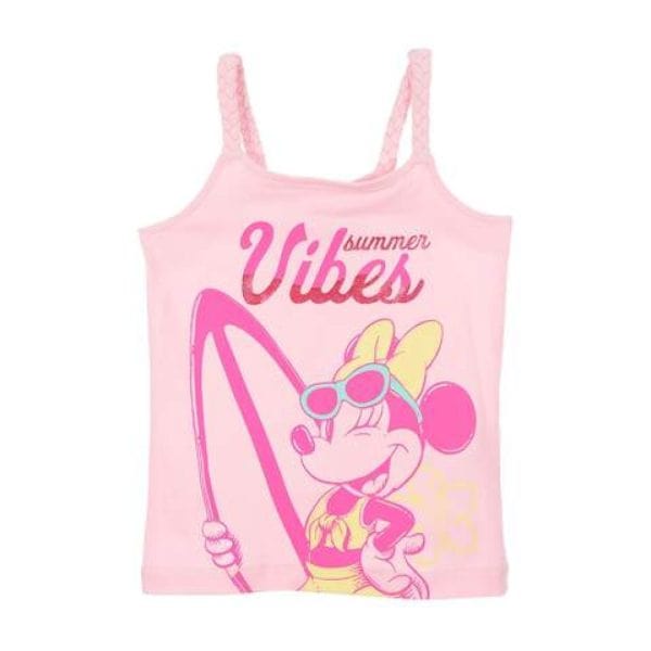 Camiseta rosa con dibujo de Minnie Mouse y texto verano Vibes.