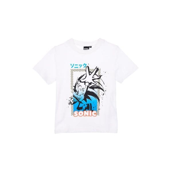 Camiseta blanca con diseño de Sonic y texto en japonés y en inglés.