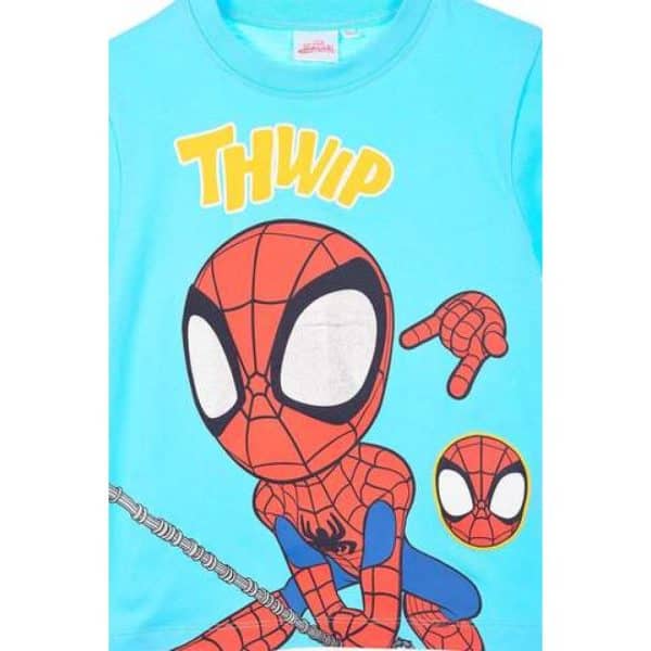 Camiseta infantil con diseño de Spider-Man y la palabra 'THWIP' en color amarillo.