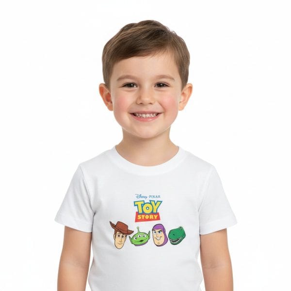 Niño sonriendo con camiseta de Toy Story en fondo blanco.
