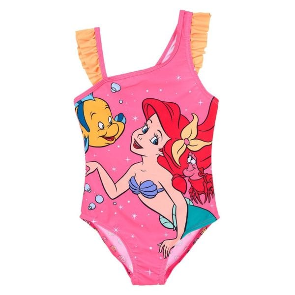 Traje de baño infantil con personajes de Disney, Ariel, Ariel y Flounder en rosa.