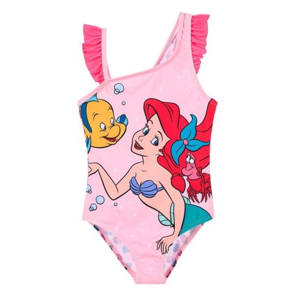 Traje de baño infantil de La Sirenita con personajes de Disney en rosa.