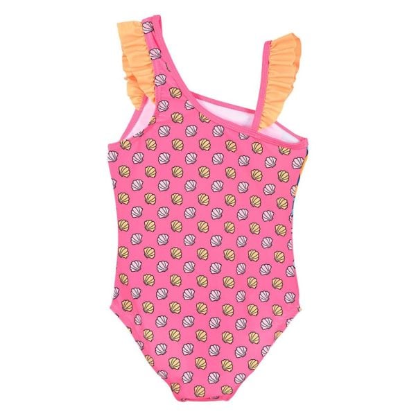 Bañador infantil rosa con conchas y volantes en los hombros.