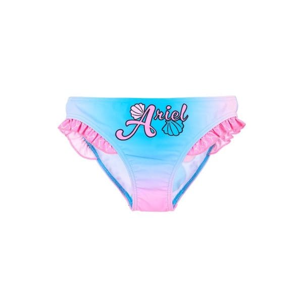Bañador infantil con nombre Ariel y conchas marinas en colores pastel.