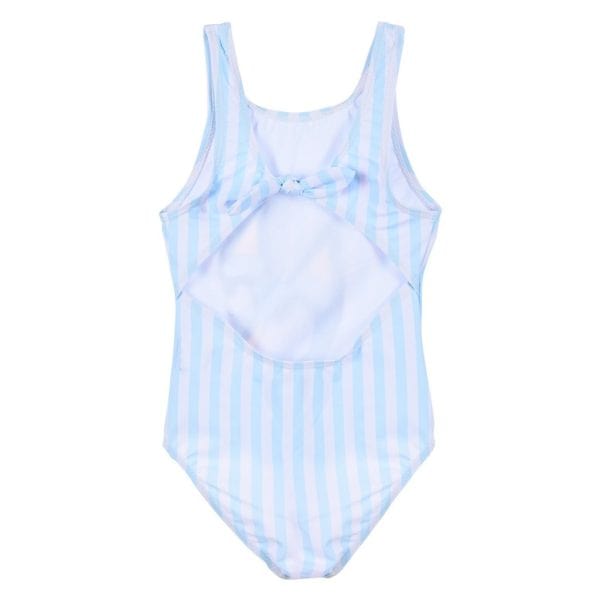 Bañador de niña con rayas azules y blancas y lazo en el pecho.