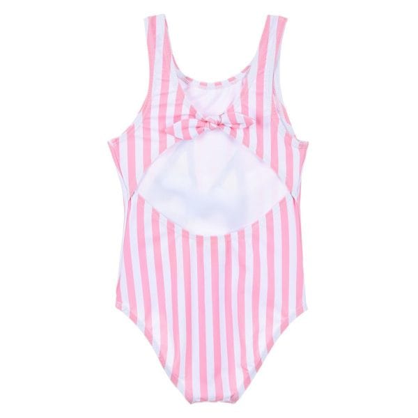 Bañador de niña con rayas rosas y blancas y lazo en el pecho.