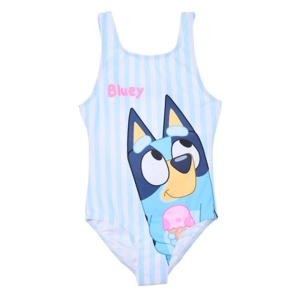 Traje de baño infantil con dibujo de Bluey y rayas azules y blancas.