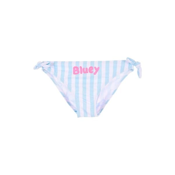 Bikini de niña con rayas azules y blancas y texto 'Bluey' en rosa.