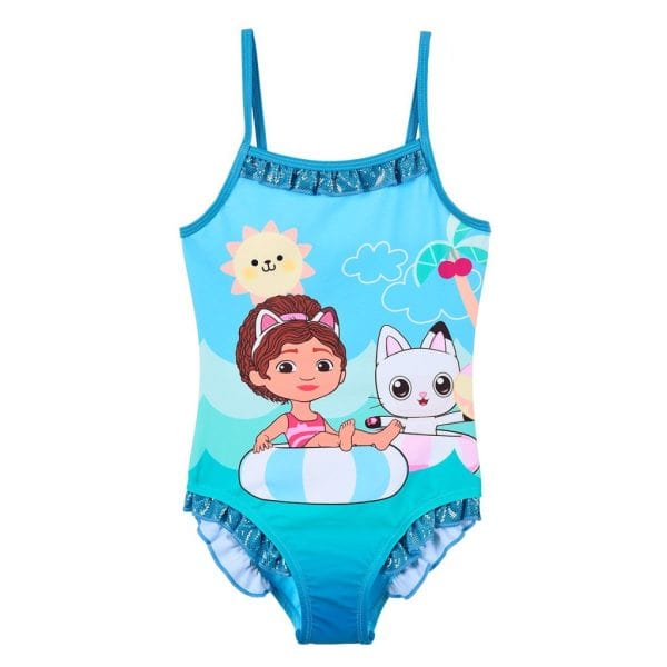 Bañador infantil con dibujo de niña y gato en piscina, verano y playa.