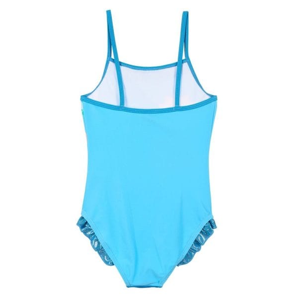 Bañador azul para niña con tirantes finos y detalles de encaje en las piernas.