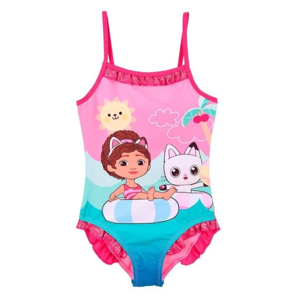 Bañador infantil con personajes de dibujos animados en colores rosa y azul.