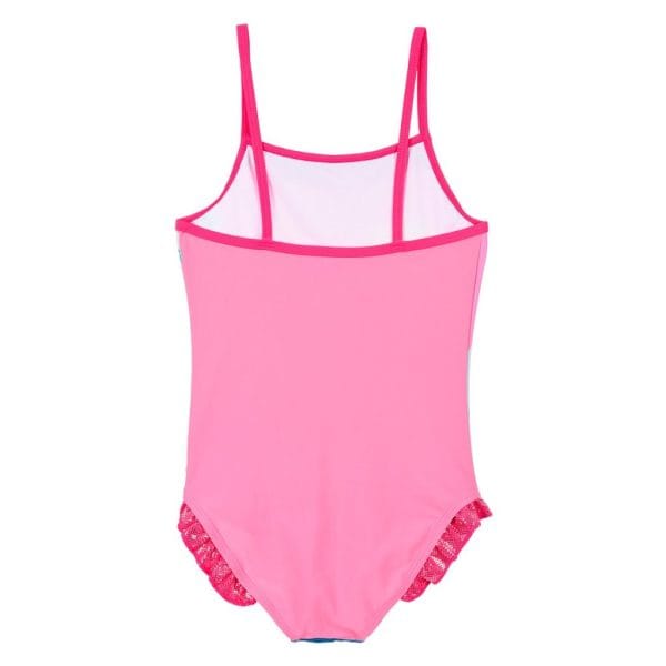 Bañador rosa para niña con detalles de encaje en las piernas.