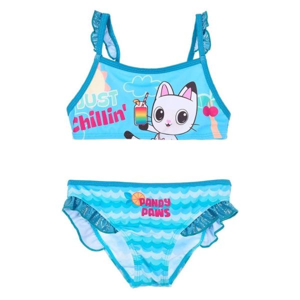 Bañador infantil de dos piezas con diseño de gato y olas azules.