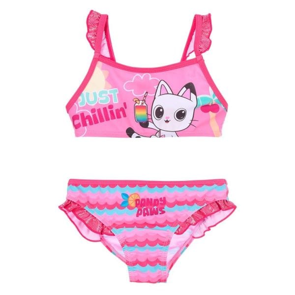 Conjunto de bikini infantil con diseño de gato y rayas rosas y azules.