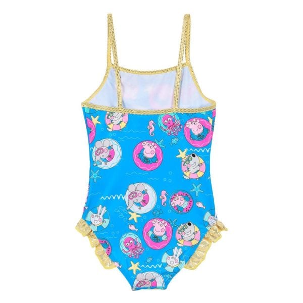 Bañador infantil con personajes marinos de Peppa Pig en azul y detalles dorados.
