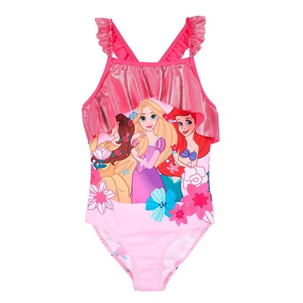 Bañador infantil con personajes de Disney, rosa y detalles florales.