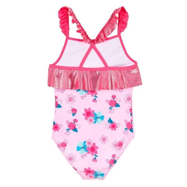 Bañador infantil rosa con detalles de volantes y estampado de flores y mariposas.